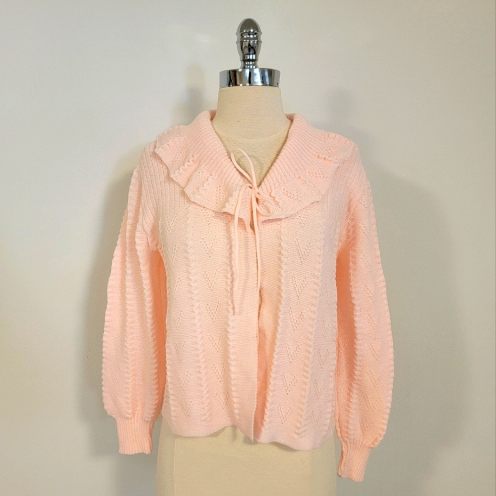 pastel pink vintage fine knit sweater shrug ruffles cardigan eaton 80s italy